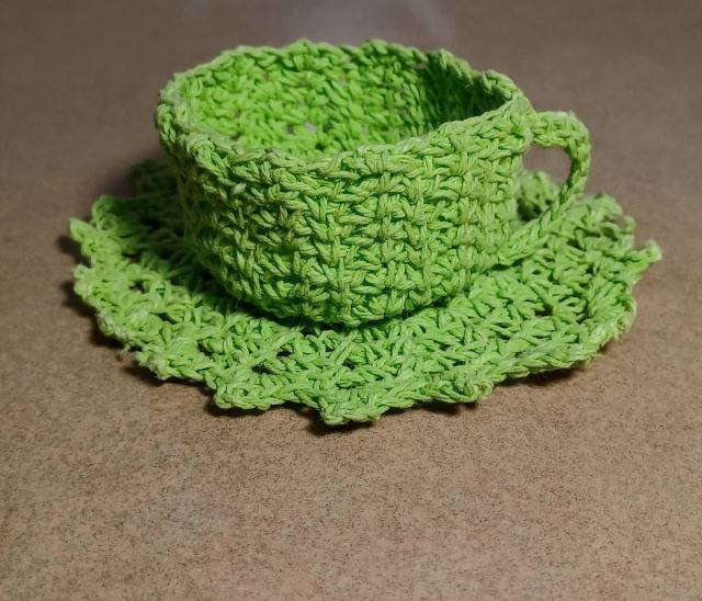 Crochet Tea Cup And Saucer Lime Green Display Ornament Excellent Con