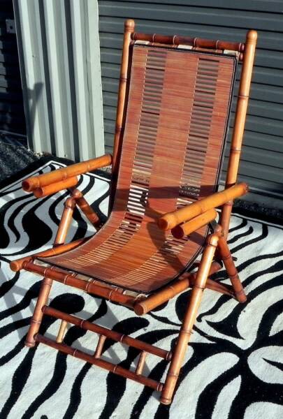 Vintage Japanese Bamboo Rattan Adjustable Recline Fold Up Deck Chair63437624934913111