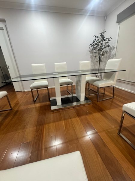 9 piece Glass Dining Table setting with 8 white chairs62863411980930113