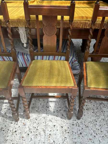 4 1930s green velvet barley twist English oak dinning chairs62864724073985111