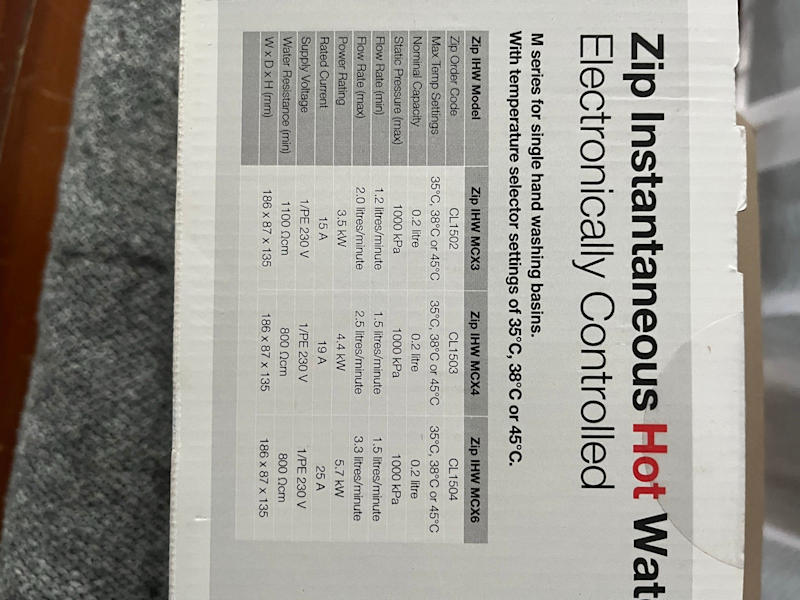 MCX6 Zip . Instantaneous hot water system63019991501953114