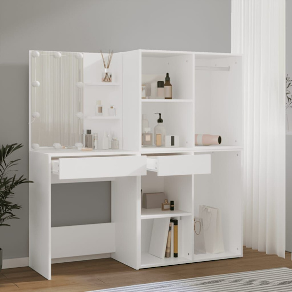 LED Dressing Table with 2 Cabinets White Engineered Wood62863838718337114