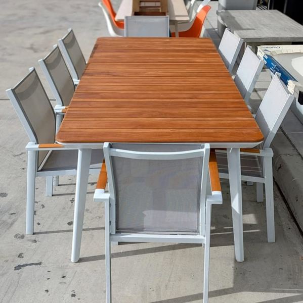 NEW 9 PCS DINING SET TIMBER TOP+ 8 X ALUMINIUM ARM CHAIRS-$299962863412125955111