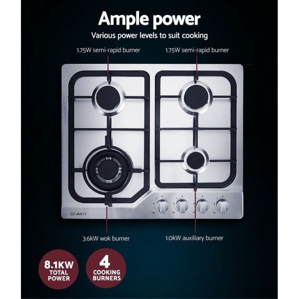 Gas Cooktop 60cm Gas Stove Cooker 4 Burner Cook Top Konbs NG LPG Steel63020447572867113