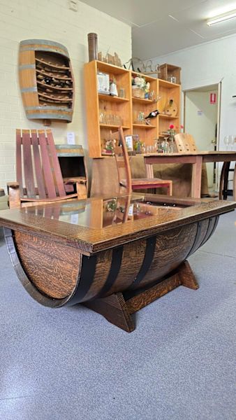 Barrel Coffee Table with Display Feature – Rustic & Sustainable628633807623701128
