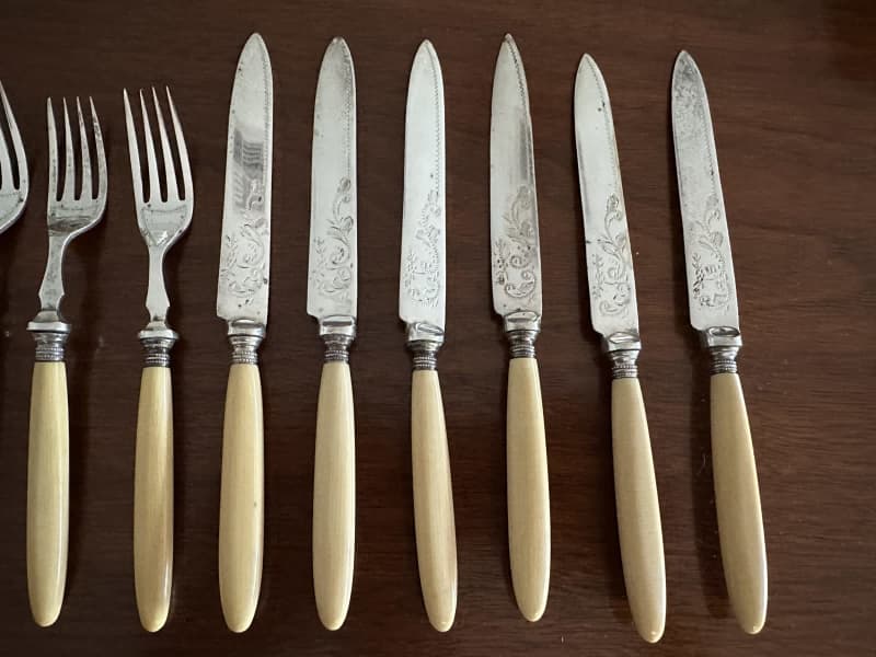 EPNS Set for Meat Cutting Knife, Fork, Sharpener Floral Design