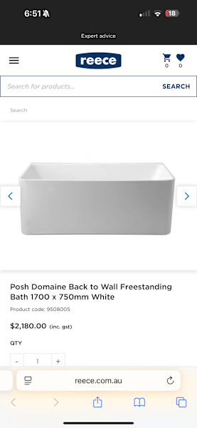 $1500 Posh domaine Back to wall standing bathtub 1700 x 750mm Reece63013350429569114