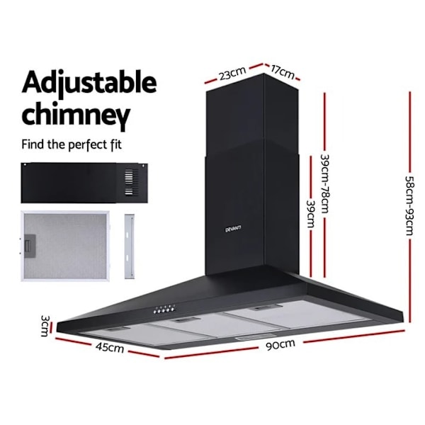 Range Hood 90cm 900mm Kitchen Canopy LED Light Wall Mount Black63017323484418112