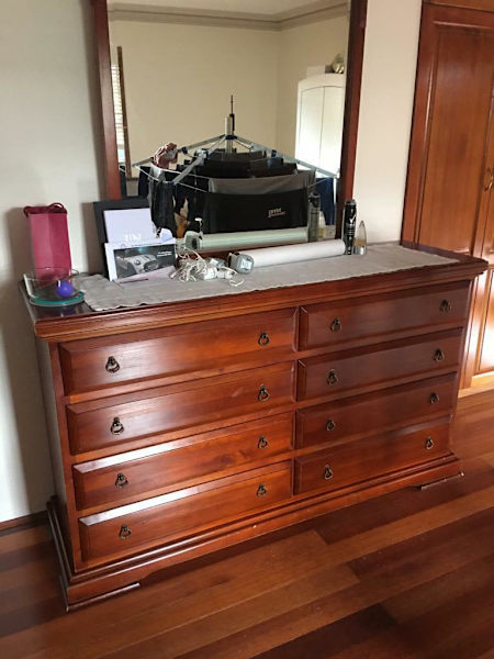 4 piece solid timber Queen bed frame, bedsides & Dresser with mirror63437624803970114