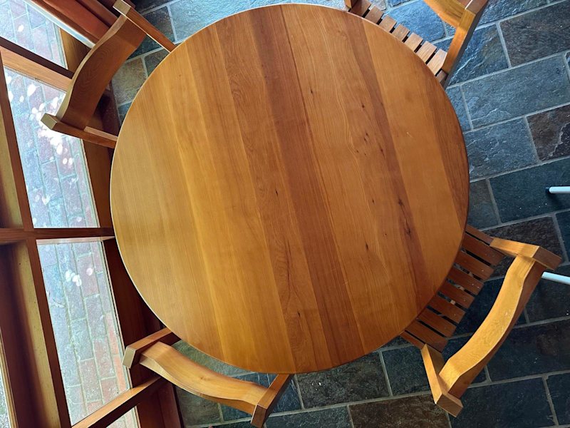 Round pine table and matching chairs and stools 62863378823683112