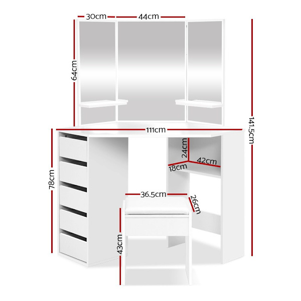 Dressing Table Stool Set Corner 5 Drawers White62863839268227112