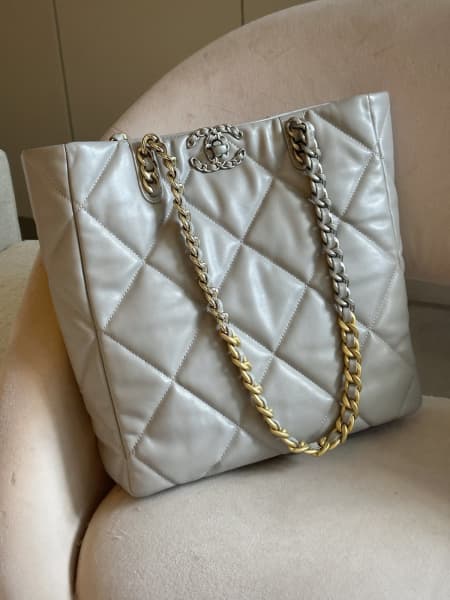CHANEL Lambskin Quilted Chanel 19 Shopping Bag Grey 1209926