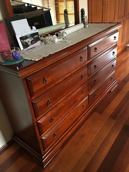 4 piece solid timber Queen bed frame, bedsides & Dresser with mirror63437624803970113