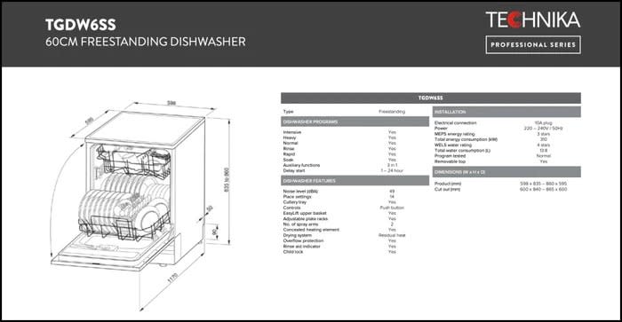 Technika Stainless Steel Dishwasher with Top Cutlery Draw TGDW6SS NEW63019993234434111