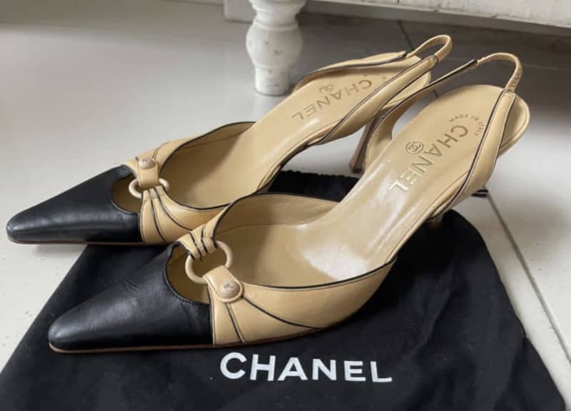 CHANEL Pale Pink Leather Slings Classic CC Logo Bow Heels Shoes