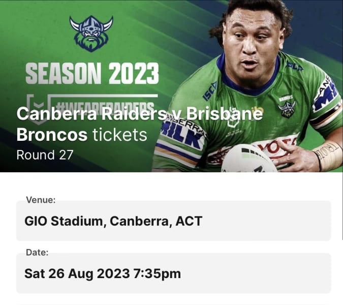 NRL Round 26 - Canberra Raiders v Brisbane Broncos Tickets, Canberra, 26/08/2023