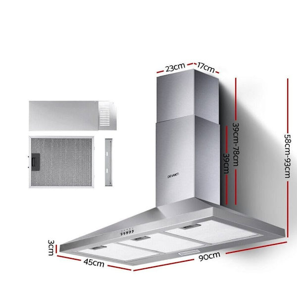Range Hood Rangehood 900mm 90cm Kitchen Canopy LED Light Black63016058697602112