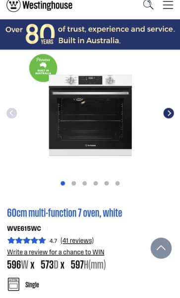 Westinghouse 60cm Electric Wall oven PDP790563021730128386119