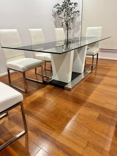 9 piece Glass Dining Table setting with 8 white chairs62863411980930112