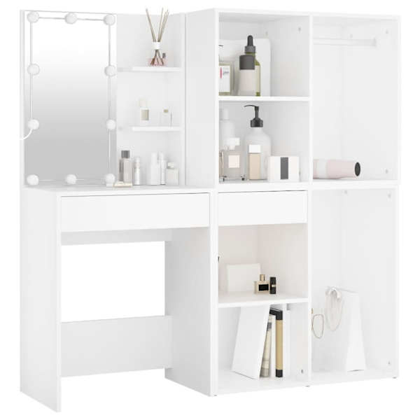 LED Dressing Table with 2 Cabinets White Engineered Wood62863838718337111