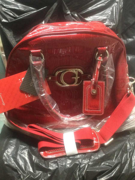 Red New GUESS Delaney Tote Bag With Charms Red Patent Leather