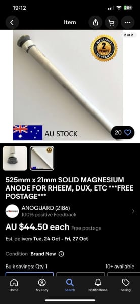 Anode magnesium bar for rheem , dux, etc63439506998913111