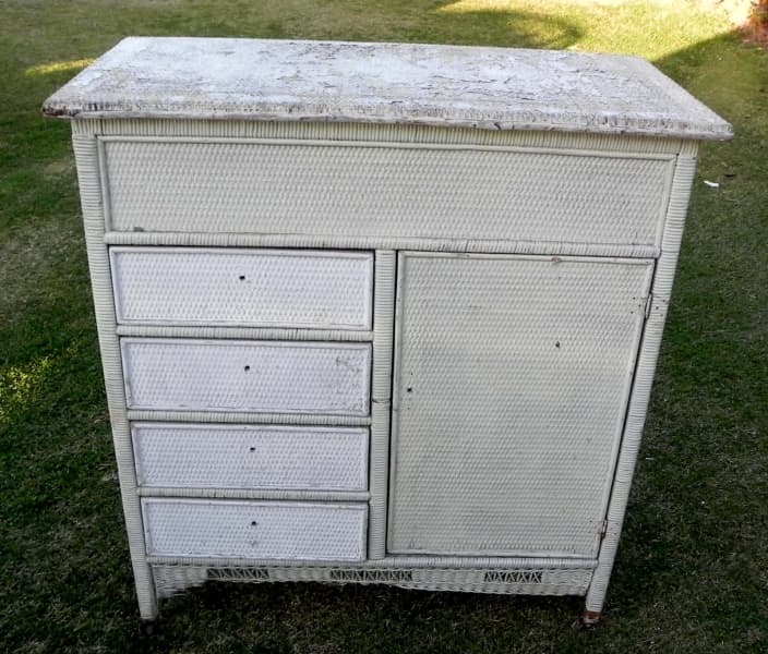 Vintage Painted Cane Cabinet With 4 Drawers And Door Cupboard63437624710914112