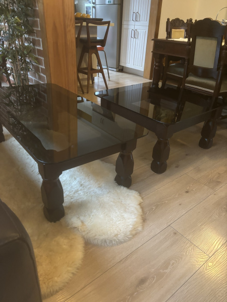 A set vintage coffee table & side table dark brown and tinted glass63437624961154111