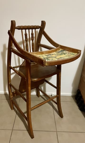 Antique wooden high chair with best sale metal tray