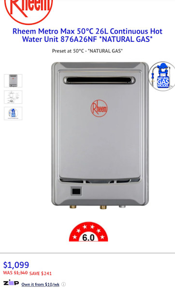 NEW Rheem 26L Gas Continuous $650 Flow Water Heater 26L63012914916739113