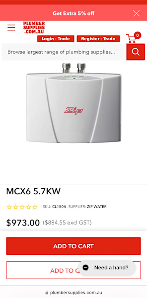 MCX6 Zip . Instantaneous hot water system63019991501953116