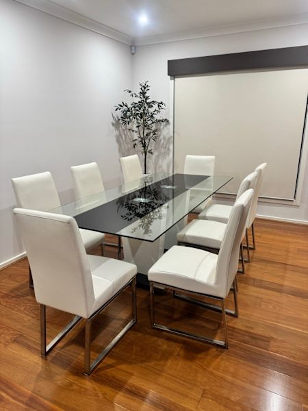 9 piece Glass Dining Table setting with 8 white chairs62863411980930111