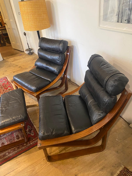 Two Tessa T4 Mid Century leather chairs and ottoman62863374284801113