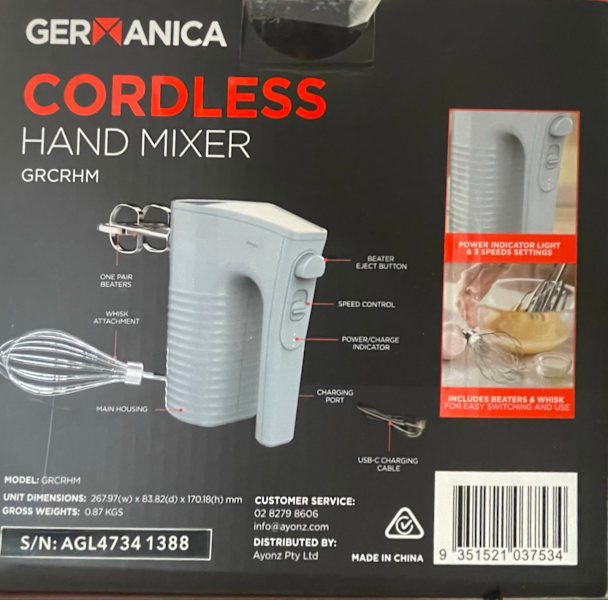 Germanica Cordless Hand Mixer GRCRHM - BRAND NEW63021730748546111