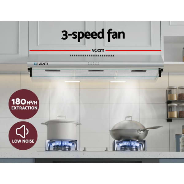Range Hood 900mm Fixed Stainless Steel Finish Glass Visor3 Speed Fan63019537869442113