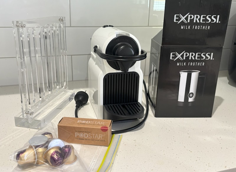 Nespresso Expressi coffee pod machine, milk frother, capsule dispener63018620096387116