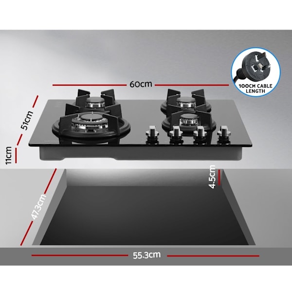 Gas Cooktop 60cm 4 Burner Ceramic Glass Cook Top Stove Hob Cooker LPG63016060476290111