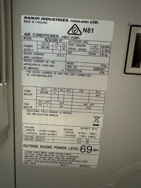 Daikin 10kw cassette unit63016911107203111