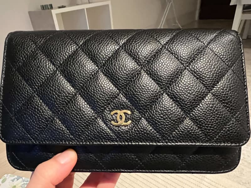 New BOX CHANEL 2023 Wallet on Chain Caviar Leather Black WOC Bag Gold  MICROCHIP