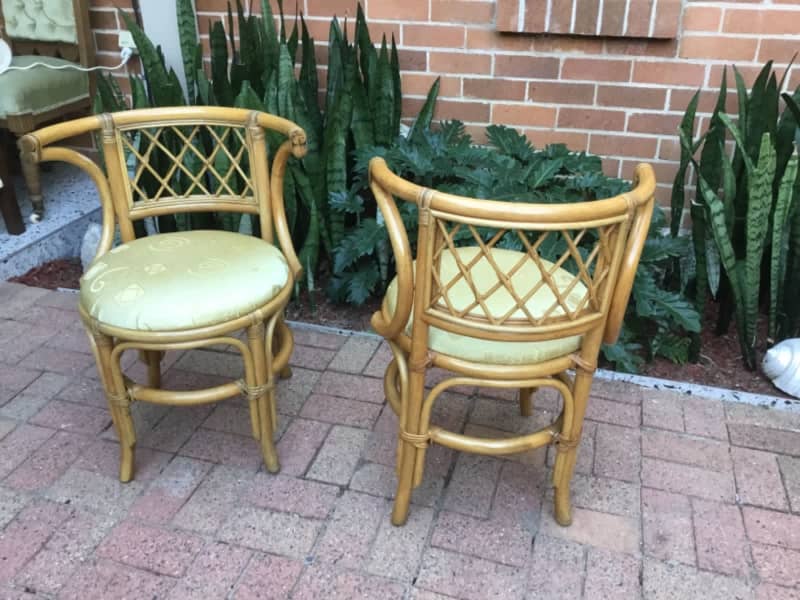 2 vintage cane chairs with brand new yellow upholstery 62863384593921111