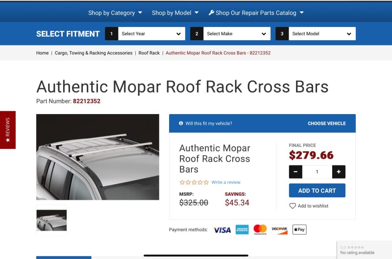 Authentic Mopar Roof Rack Cross Bars - 82212352