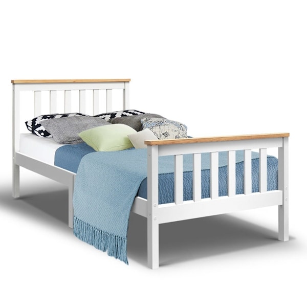 MATHEA Eco-Friendly Wooden Bed Frame with Headboard - Single Size, Whi62863406116611111