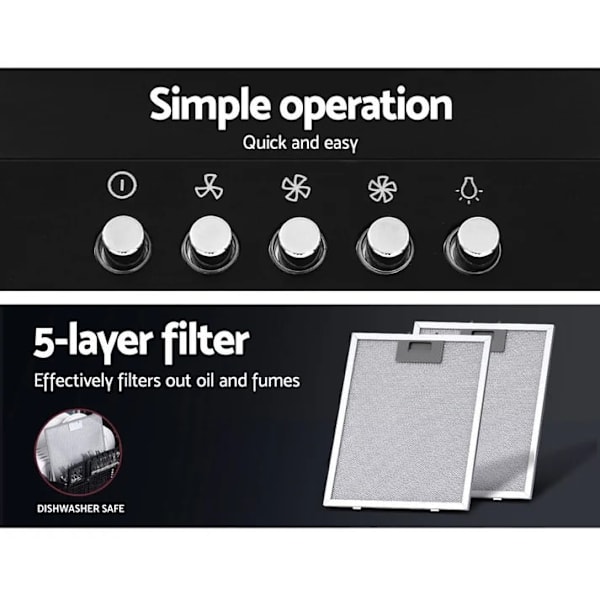 Range Hood 90cm 900mm Kitchen Canopy LED Light Wall Mount Black63016484711298112