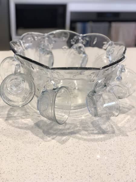 Glass punch bowl with hooks and cups, Dinnerware
