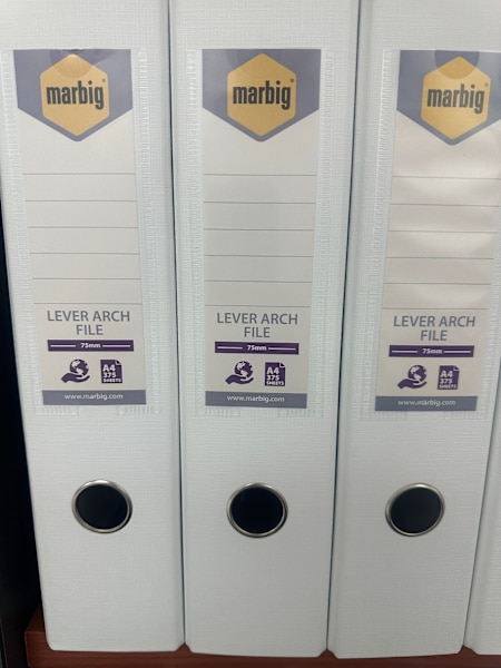 8 x Bookshelves and 400 x White Marbig Lever Arch File Folders (75mm)62863385010562111