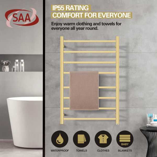 Brushed Gold 8 Bars Electric Heated Towel Rail Drying Square 912x620mm630087725295381125