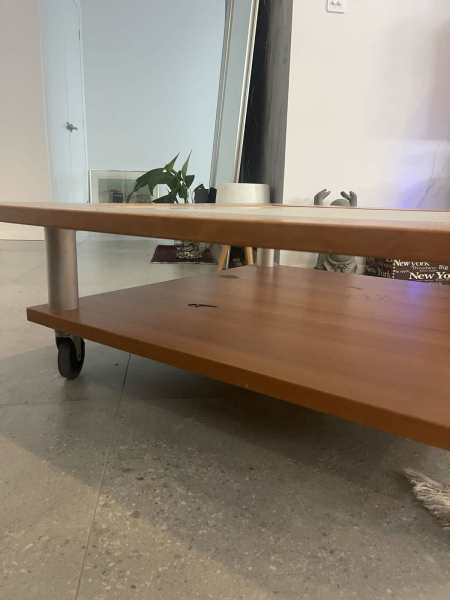 Timber and glass coffee tables on removable wheels 62863383291649113