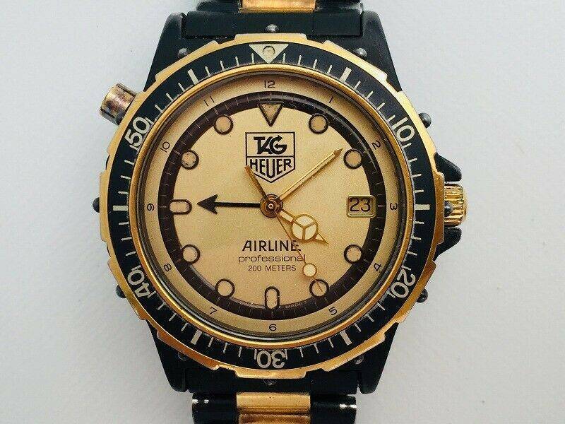 TAG HEUER AIRLINE w GTM Black 18K Gold Plate Quartz Watch