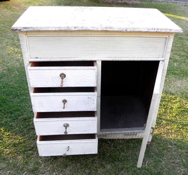 Vintage Painted Cane Cabinet With 4 Drawers And Door Cupboard63437624710914111