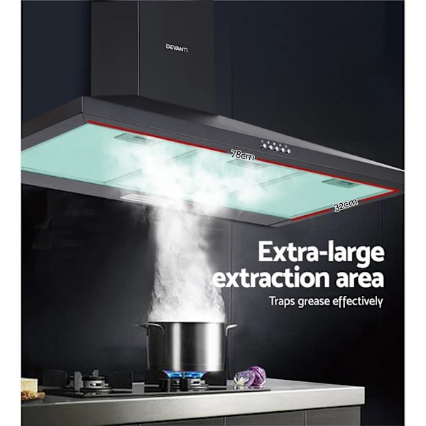 Range Hood 90cm 900mm Kitchen Canopy LED Light Wall Mount Black63017323484418114
